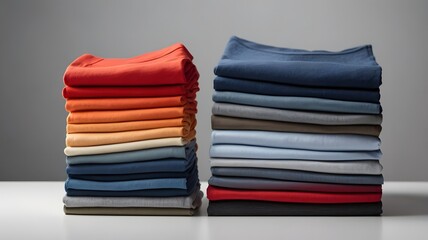 A pile of clean, colorful, folded clothes creates a vibrant textile pattern