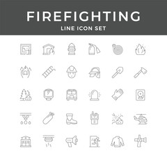 Firefighting Line Icon Set – Firefighter, Emergency, Rescue, Hydrant, Extinguisher, Safety, Equipment, Minimal Vector Collection