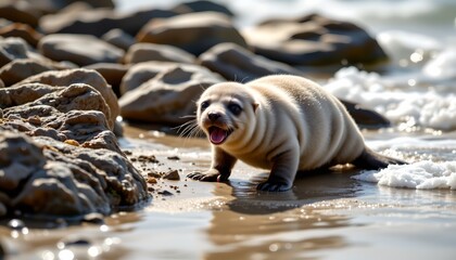 playful seal pup explores rocky beach with crashing ocean waves, at the bottom with goldenrod tones and clear copy space at the top.