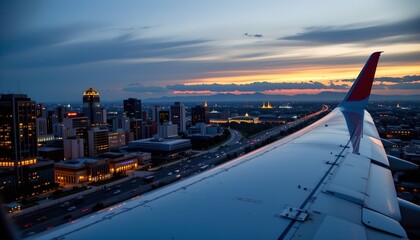 aerial view of a city at sunset with an airplane wing in the foreground, illuminated buildings against the horizon, under a blue sky with an orange glow, positioned on the right