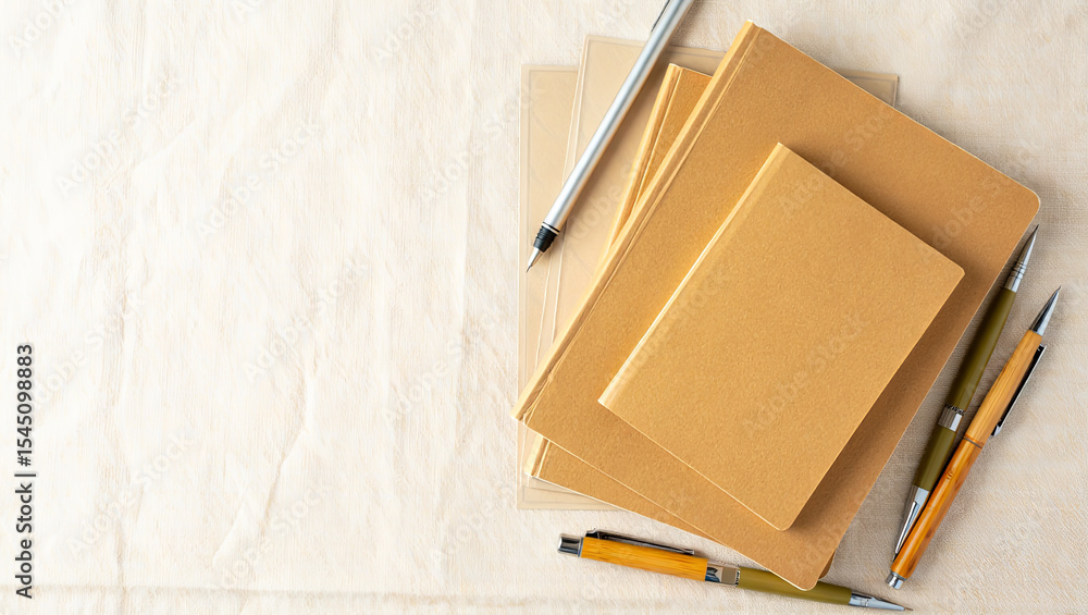 Poster a collection of brown and beige notebooks sits on a light fabric surface alongside several pens. the