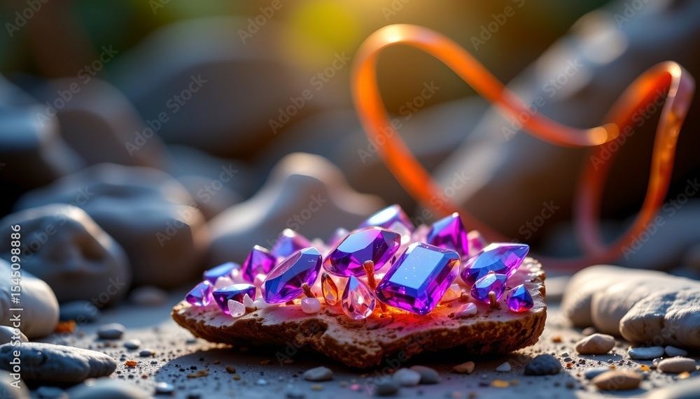 Poster a luminous amethyst gemstone cluster sparkling with light, positioned at the bottom of the frame wit