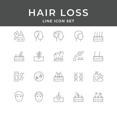 Hair Loss Line Icon Set – Baldness, Treatment, Scalp, Alopecia, Growth, Medicine, Care, Minimal Vector Collection