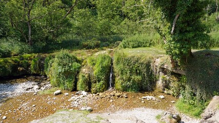 Waterfall in Lathkill Dale in very dry weather, Derbyshire England
