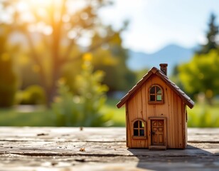 miniature wooden house at bottom of frame against a sunny backdrop, ideal for copy space at the top, realism style.