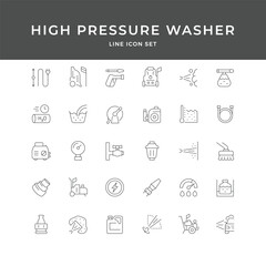 High Pressure Washer Line Icon Set &ndash; Cleaning, Water Jet, Equipment, Power Wash, Car Wash, Spray, Minimal Vector Collection