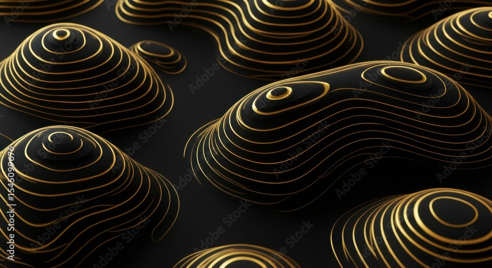 Aufkleber abstract 3d rendering of undulating, layered forms in black and gold, creating a textured, topograph