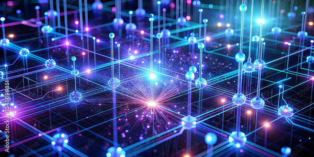 Poster interconnected networks form a dynamic digital environment filled with glowing nodes and vibrant col