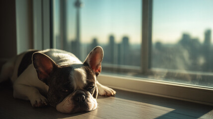 French bulldog lying inside a cozy apartment room. Captures domestic life, pet companionship, and a relaxed atmosphere with warm indoor lighting and modern interior.