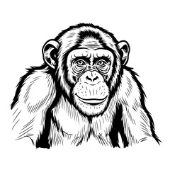 Chimpanzee illustration with detailed features in black and white on transparent background  