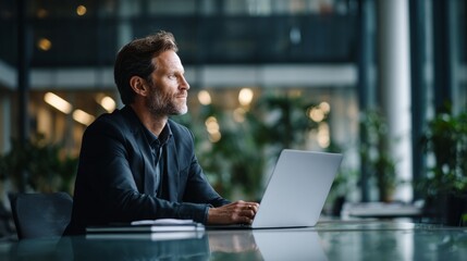 a european businessman, side profile, sitting at a modern glass conference table, engaged in a video call, open laptop in front of him