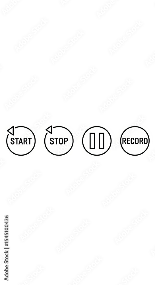 Aufkleber isolated audio recording controls featuring start stop pause and record buttons in black and white