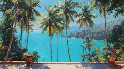 Fototapeta premium Tropical seascape with palm trees and vibrant colors.