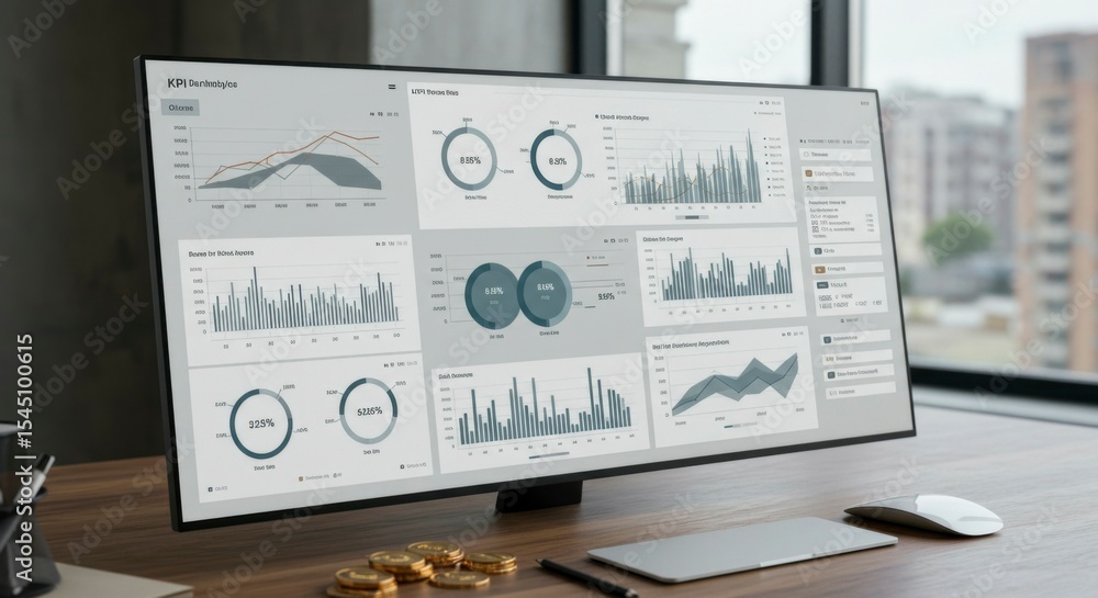 Poster a large monitor displays various charts and graphs, showcasing financial data analysis in a modern w