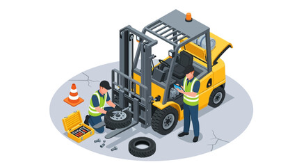 Forklift Repair Mechanics Servicing and Maintaining Industrial Vehicle © John