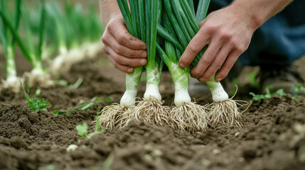 Farmer’s hands pulling fresh leeks from the soil, dirt-covered roots and crisp green tops, high-resolution sustainable agriculture shot —ar 16:9 