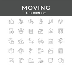 Moving Line Icon Set – Relocation, Delivery, Transport, Boxes, Packing, Logistics, Home, Minimal Vector Collection