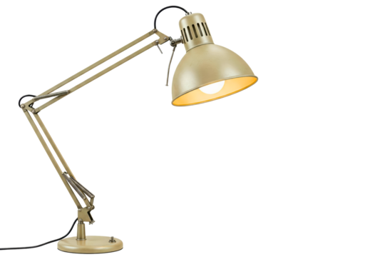 Adjustable metal desk lamp illuminates a workspace isolated on a transparent background