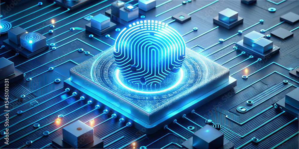 Poster a circular pattern of a fingerprint is illuminated at the center of a circuit board, symbolizing adv