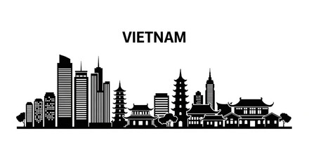 Obraz premium Black silhouette of vietnam skyline with skyscrapers and traditional buildings on a white background