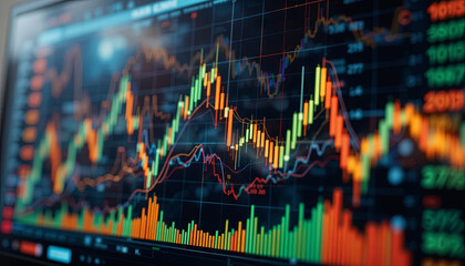 Colorful candlestick chart highlights stock market trends and trading activity. The display shows fluctuations in market prices, volume, and time intervals, representing data analytics in action