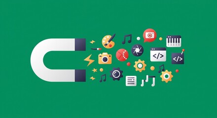 Pixel Art Magnet Attracting Multimedia Icons on Green Background