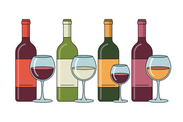 Four Wine Bottles with Glasses of Red and White Wine