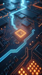 Fototapeta premium Closeup of illuminated circuit board with central processor