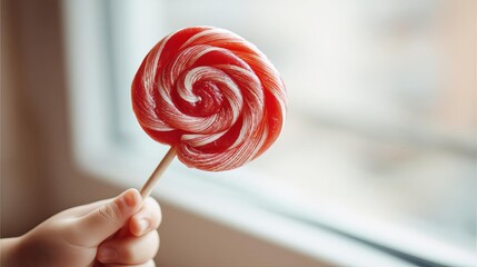 National Lollipop Day A child s hand offering a giant red swirl lollipop, warm natural light, shallow depth of field