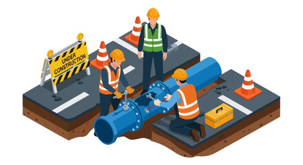 Construction Workers Repairing a Large Blue Pipeline Underground