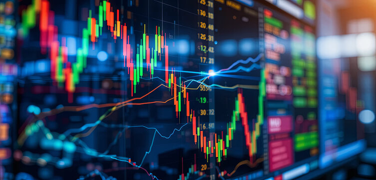 Traders analyze stock market trends using candlestick charts and indicators on digital screens in a modern trading room during daylight hours