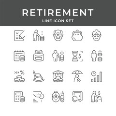 Retirement Line Icon Set – Pension, Savings, Senior, Finance, Planning, Investment, Elderly, Minimal Vector Collection