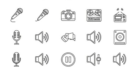 Fototapeta premium Line art icons of audio recording devices and playback equipment arranged on a white background
