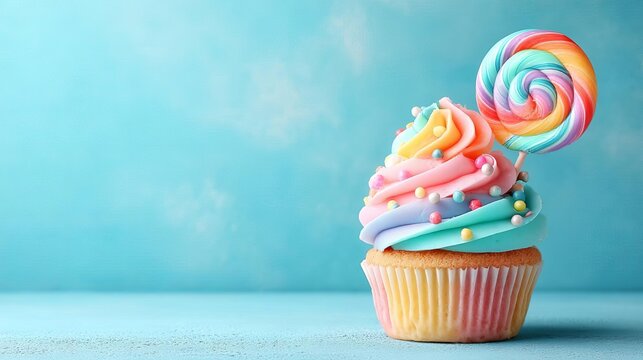 National Lollipop Day A pastel-themed cupcake topped with a small swirl lollipop, macro food photography style