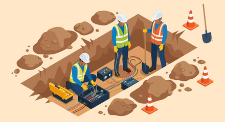 Underground Utility Workers Repairing Cables Isometric Illustration