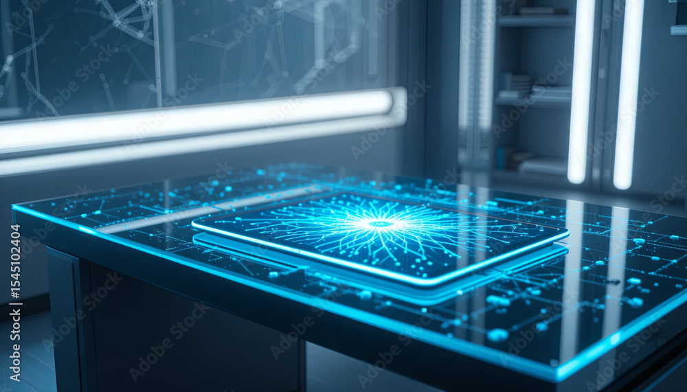 Poster a contemporary workspace showcases a table with a glowing digital interface displaying an intricate 