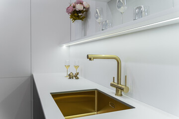 design of modern built-in kitchen is light in color. sink and faucet are golden in hue. Built-in...