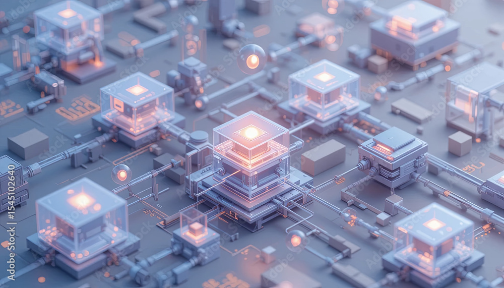 Poster a complex network of transparent nodes interconnected by glowing circuits is displayed, illustrating