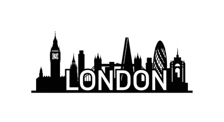 Naklejka premium London skyline silhouette with famous landmarks and the word london in white letters across it