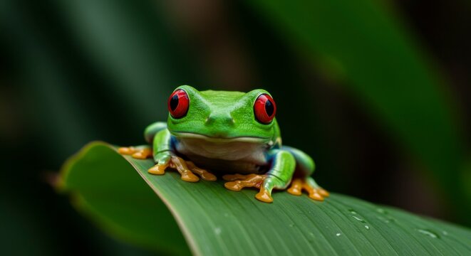 A vibrant green tree frog sits perched on a large, tropical leaf