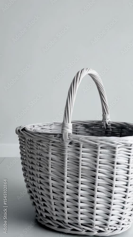 Aufkleber isolated close-up of a white wicker basket with a handle on a glossy white floor in front of a plain