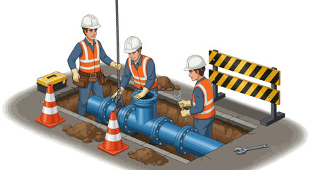 Construction Workers Repairing Underground Pipes Industrial Illustration