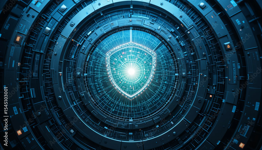 Poster a digital shield is positioned at the core of a circular interface filled with glowing lines and int