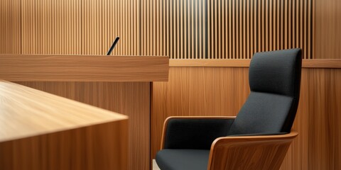 legal advice risk management concept. Modern courtroom scene featuring a chair and wooden paneling.