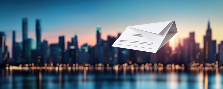 legal advice risk management concept. Floating envelope over a city skyline at dusk with blurred lights. - Powered by Adobe