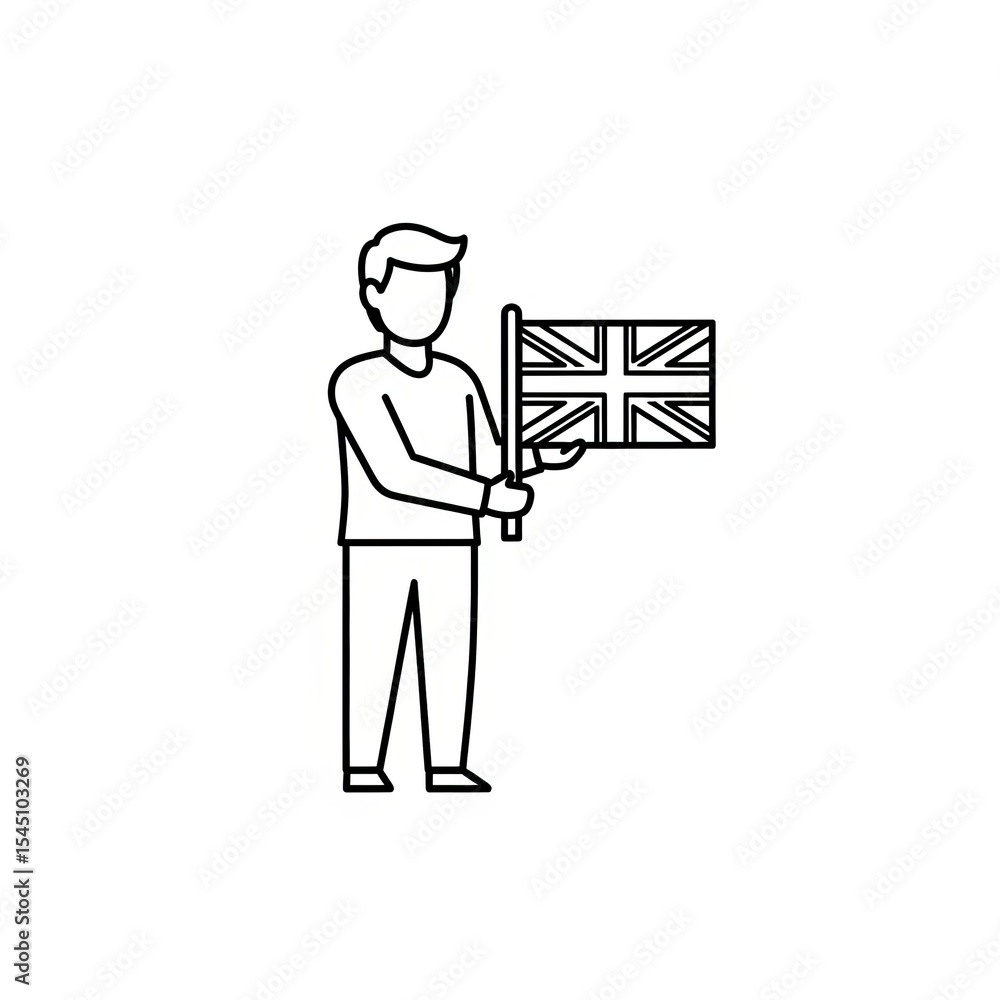 Aufkleber line drawing of a man holding the british flag with a white background in a simple vector style