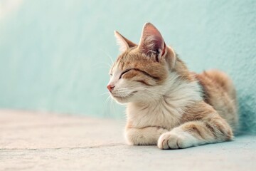 A relaxed orange and white tabby cat with closed eyes rests on a smooth surface against a soft, pastel background.