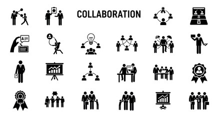 Collection of black and white collaboration icons showing teamwork and business relationships on a white background