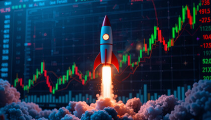 A rocket takes off surrounded by clouds while a glowing financial chart rises in the background, symbolizing progress and investment success in the digital market