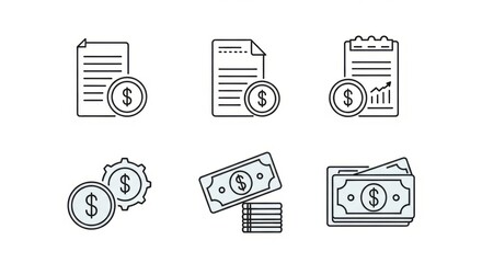 Outline icons of money with documents and charts representing financial management and transactions